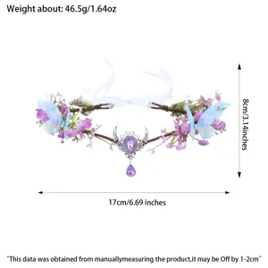 Detail view of the elf flower headband with purple crystal and blue butterfly wings.