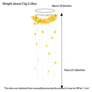 Detailed dimension view of the daisy floral hair garland, showing size, length and weight clearly.