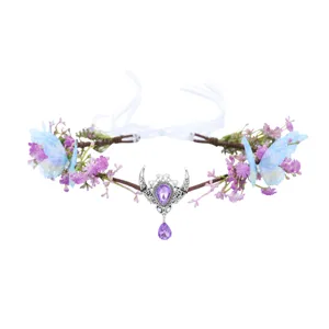 Fairy floral crown headband with purple crystal teardrop pendant and blue butterflies for wedding