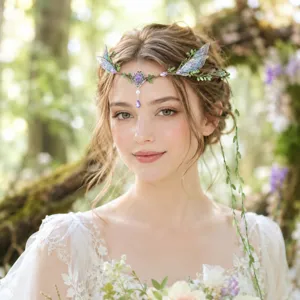 Elegantes Feen-Stirnband mit grünen Blättern, Schmetterlingsflügeln und violettem Kristall.
