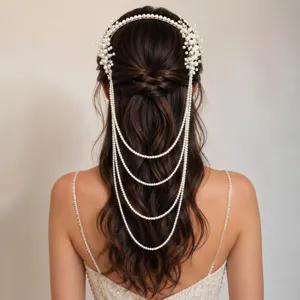 Elegante accessorio per capelli da sposa in perle con catene multistrato per matrimoni abiti.