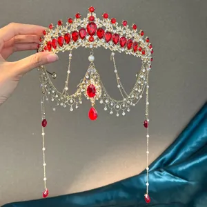 Serre-tête Couronne en Alliage Strass Exotique Avec Pendentif Pompon Perle Artificielle Chaîne de Front Mariage Mariée pour Femmes Princesse Anniversaire Fête Bijoux Accessoires
