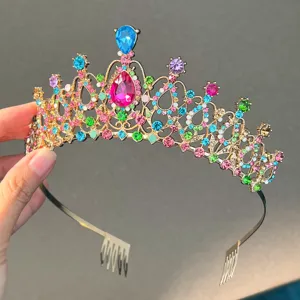 European style bride rhinestone tiara hair comb, colorful crystal crown for wedding party.