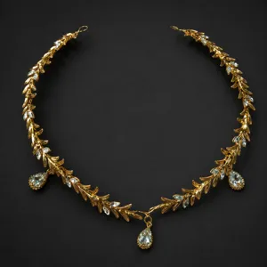 Détail du serre-tête feuillage doré et strass, pendentif goutte en cristal style grec élégant.