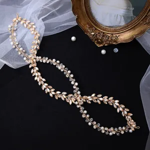 Bridal rhinestone pearl hairband double layer cross gold wedding hair accessory for women.
