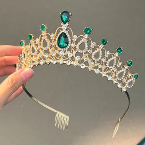Bridal rhinestone crown headband with green crystal and hair combs for wedding party.