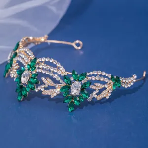 Goldene Blumen Braut Tiara mit grünen und klaren Strasssteinen, eleganter Haarreif.