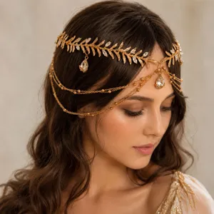 Serre-tête strass feuilles or chaîne cristal déesse grecque accessoire cheveux mariée
