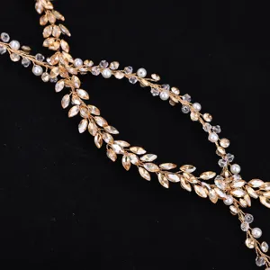 Bridal rhinestone pearl hair vine detail, double layer crystal leaf wedding accessory