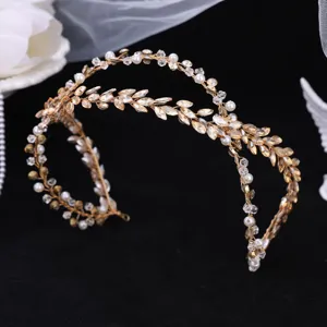 Exquisite double-layer bridal hairband with crystal leaves and pearls for wedding and parties.