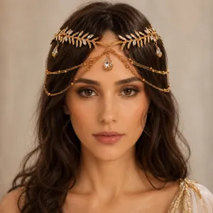 Chaîne de front en strass feuille d'or coiffe de déesse bijoux de cheveux bohèmes
