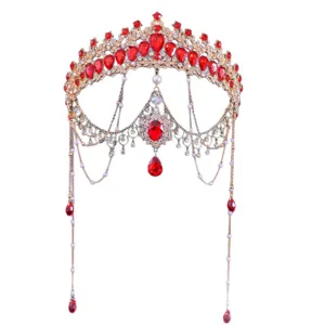 Exquise couronne de mariée en cristal rouge chaîne de front, tiare baroque pour mariage accessoires
