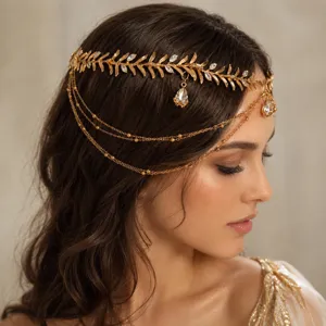 Serre-Tête en Alliage de Feuille d'Olivier Grecque et Strass Exotique Vintage Or Chaîne de Front à Franges Bandeau Cheveux pour Femme Fête