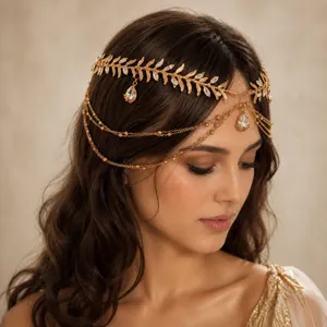 Serre-tête strass feuille or chaîne de front boho grecque accessoire cheveux mariée principale