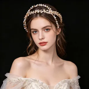 Handmade Bridal Headband Gold Iron Wire Artificial Pearl Rhinestone Double Layer Cross Wavy Leaf Hair Band Hair Hoop Accessories For Wedding Party Women Jewelry