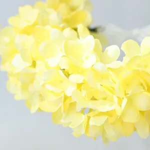 Yellow artificial hydrangea flower crown hairband detail, sweet bridal wedding hair accessory