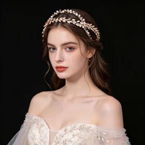 Double layer rhinestone pearl bridal headband for elegant wedding hair accessories.