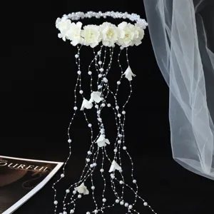 Handmade Artificial Pearl Floral Hair Wreath Western Style Forest Bridal Headband Long Tassel Flower Hairband Bridal Wedding Accessories For Women