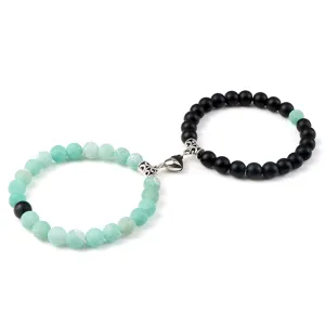 Couple magnetic distance stone bead bracelet set with heart clasp for lovers and best friends.