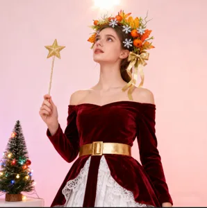 Serre-tête couronne de fleurs de Noël avec feuille d'érable et citrouille déguisement vue détail.