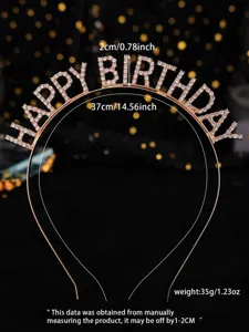 Detailed view of the sparkling rhinestone Happy Birthday headband, showing precise dimensions.
