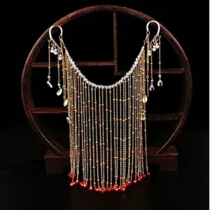 Exquisite golden fringe face chain detail, intricate metallic tassel design for party performance.