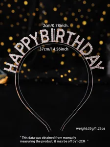 Rhinestone happy birthday metal headband detail showing dimensions and product weight specs.