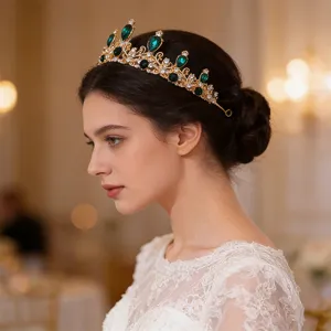 Élégante tiare de mariée dorée avec cristaux verts et strass étincelants pour accessoires de cheveux