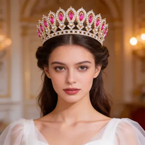 Luxurious European bridal full-circle Baroque crown with pink and clear rhinestones for wedding.