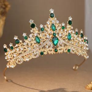 Gold bridal rhinestone tiara crown green crystal wedding princess hair accessory for women.
