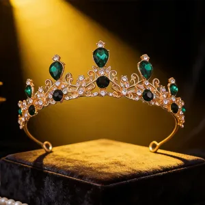Couronne de diadème de mariée dorée avec des strass de cristal verts pour fête