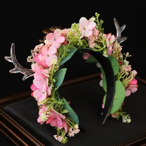 Forest style deer antler flower headband pink floral hair accessory for festival party dress up