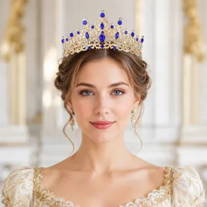 Gold crystal tiara bridal crown blue rhinestone princess wedding hair accessory for women
