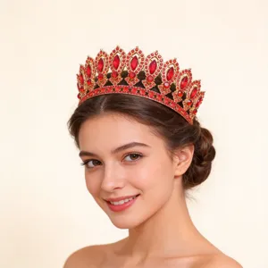 Luxury red rhinestone crown close-up, European baroque bridal tiara detail for elegance.