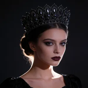 Detailed view of the luxurious black baroque crystal crown, elegant bridal headpiece for evening gowns.