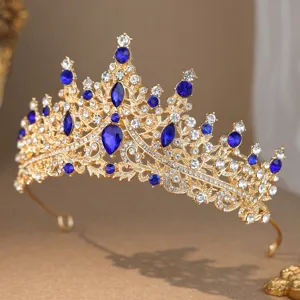 Gold bridal tiara with blue and clear rhinestones princess crown for wedding and birthday.