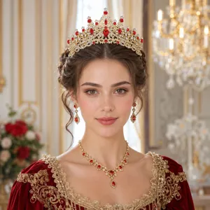 Stunning gold crystal tiara crown necklace earrings bridal jewelry set for wedding party