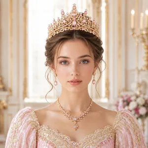 Exquisite gold tiara crystal rhinestone crown set with matching necklace and earrings.