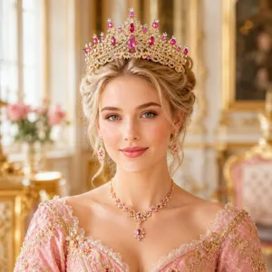 Stunning rhinestone tiara and jewelry detail, perfect for bridal and princess wedding looks.