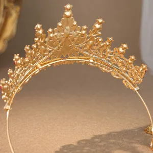Exquisite gold rhinestone bridal crown tiara, elegant princess hair accessory for wedding party.