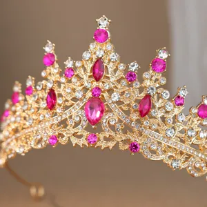 Exquisite gold rhinestone tiara, gorgeous pink and clear crystal bridal crown for women girls.