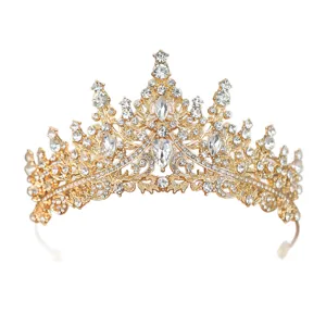 Stunning gold rhinestone bridal tiara crown for wedding princess dress and party hair accessories.