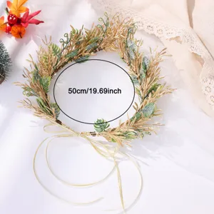 Gold artificial flower crown headband for party and vacation photography detail view.