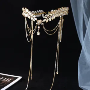 Magnífica Diadema de Novia de Aleación con Strass de Hoja Con Cadena de Frente de Borla Larga Oro Perla Artificial Corona de Novia para Accesorios de Vestido de Banquete de Boda