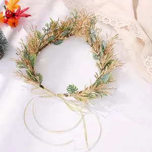 Gold artificial floral wreath headband forest style hair accessory for party photography.
