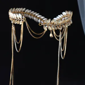 Exquisita cadena de frente hojas circón dorado elegante tocado de novia tiara cristal flecos.