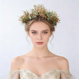 Boho Forest Simulation Flower Crown Headband For Women Gold Green Ribbon Vine Wreath Garland Headwear Travel Photography Party Accessories