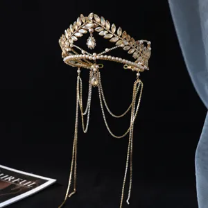 Tiara de novia hoja dorada diadema estrás cristal accesorios para el cabello con borlas