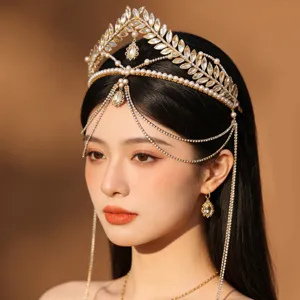 Corona de pedrería con hojas doradas cadena frontal accesorio de pelo de novia tiara de cristal