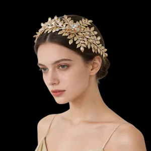 Exquisite gold bridal headband with crystal leaves, perfect for vintage wedding party styling.